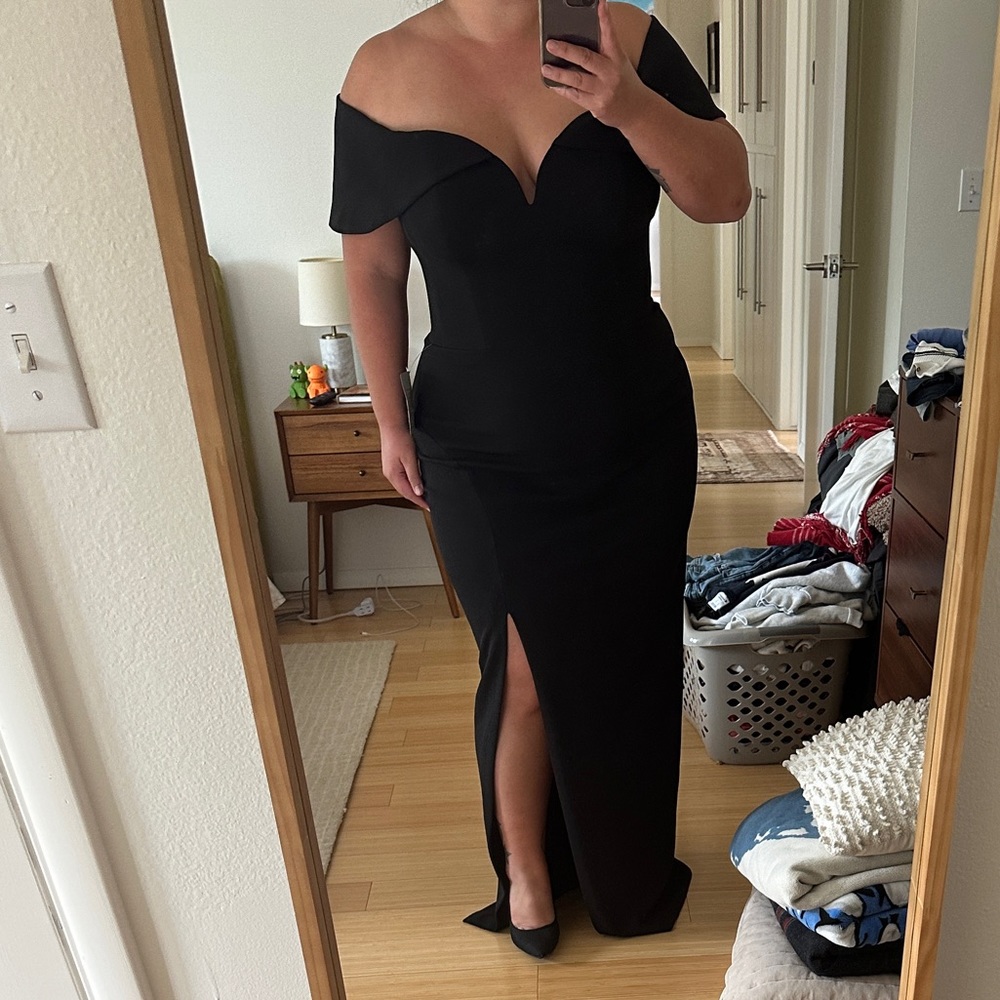 Xscape - Off the Shoulder Drape Back Scuba Crepe Gown